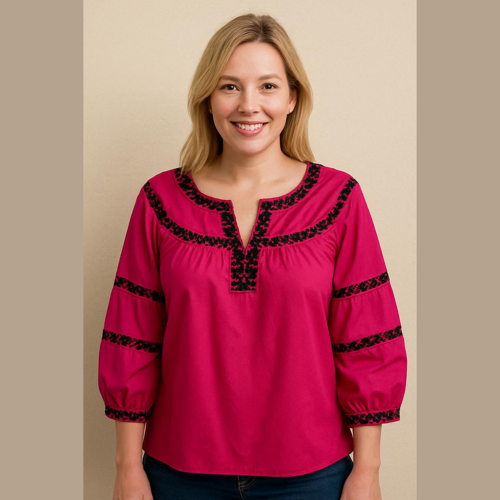 Talbots Hot Pink Top Blouse with Black Embroidered Trim L